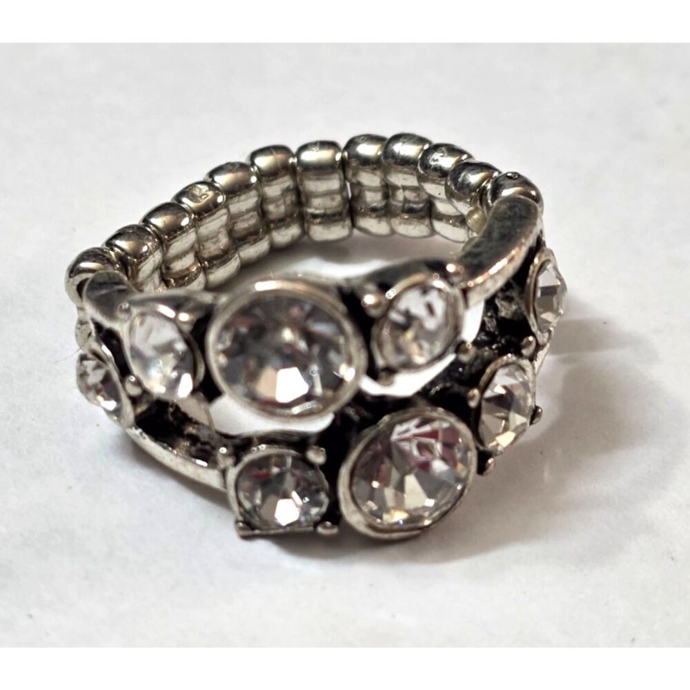 New Silver-Tone Stretch‎ Statement Cocktail Ring Clear Rhinestones Glam Boho